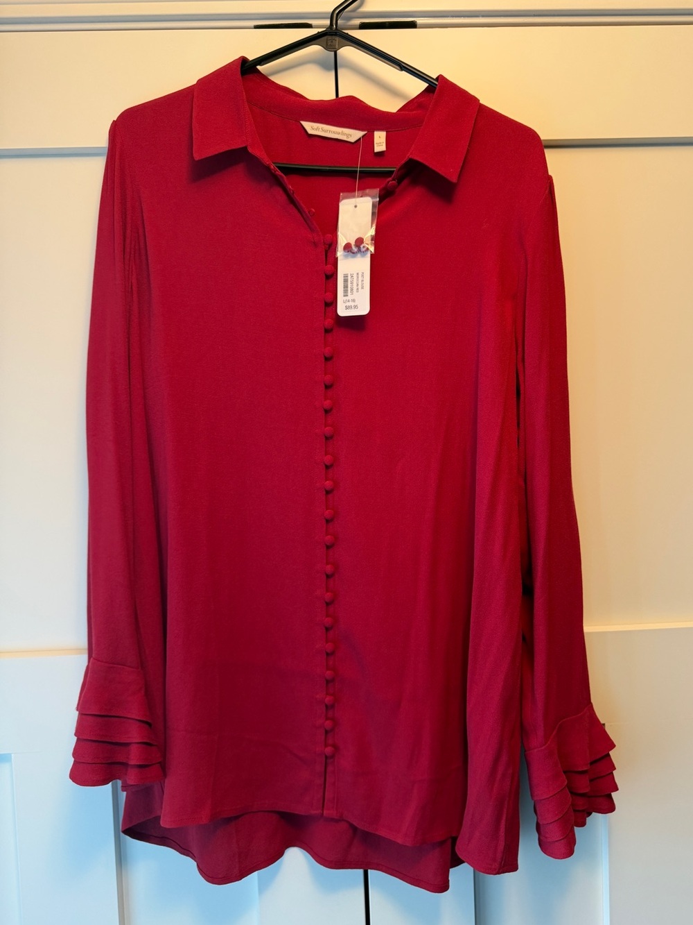 Soft Surroundings Button-Front Ruffle Cuff Blouse in Deep Red
